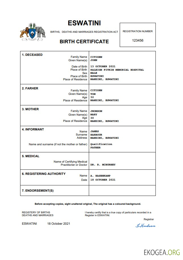 Modèle Word et PDF d'acte de naissance Eswatini